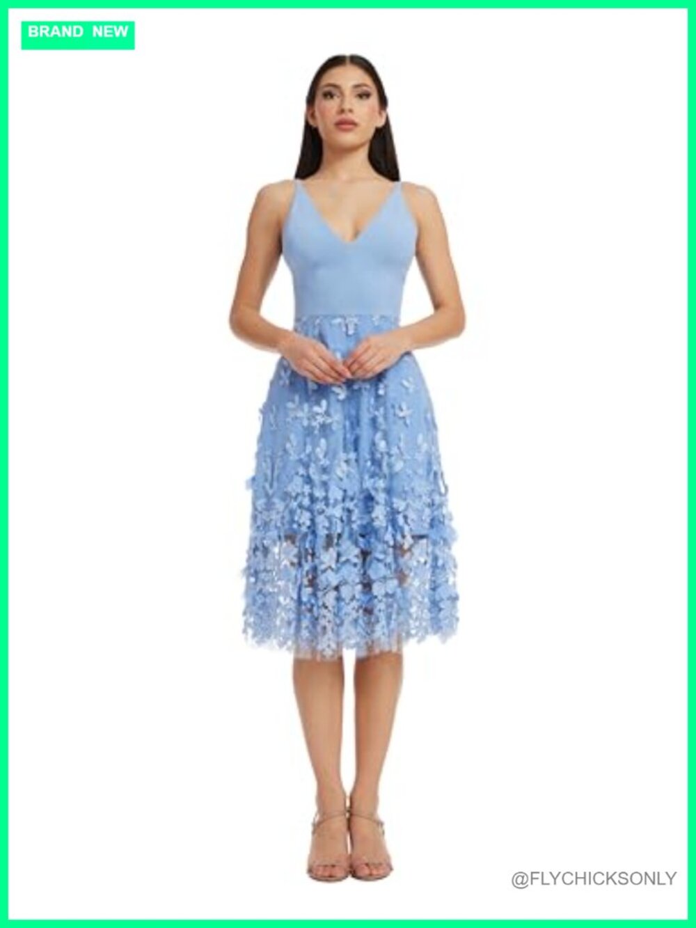 Sleeveless Plunging Neckline Fit and Flare Midi Dress with Floral Applique